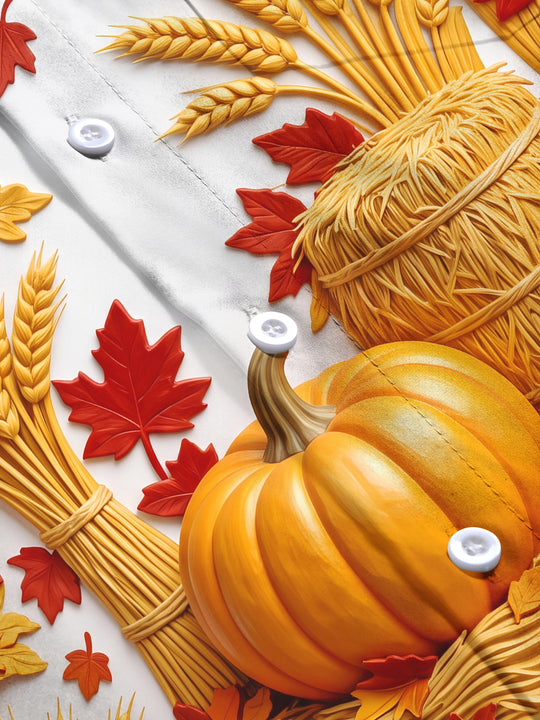 Adaychic Men's Long Sleeve Shirt - Thanksgiving Autumn Harvest Pumpkins And Wheat Sheaves Print with Chest Pocket
