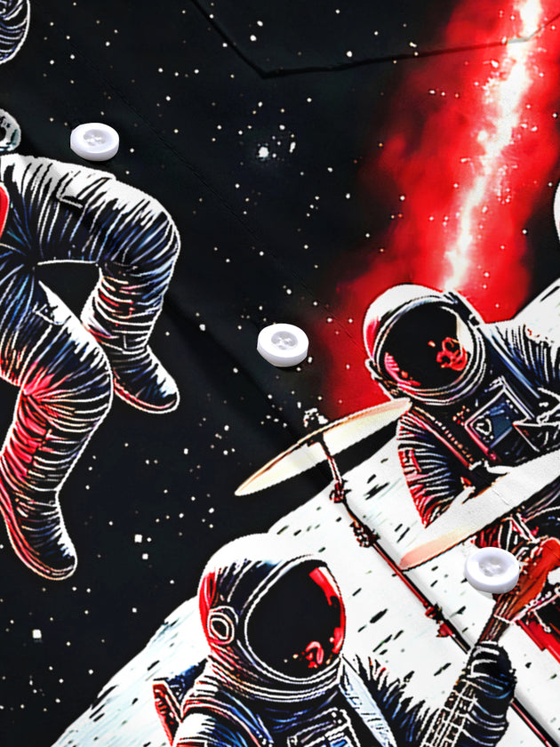 Adaychic Men's Graphic Astronaut Band Print Short Sleeve Shirt with Chest Pocket
