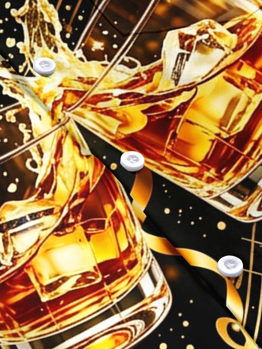 Adaychic Men's Short Sleeve Shirt - Cigar And Christmas Ornaments Print Whiskey Glasses And Music Notes Print with Chest Pocket