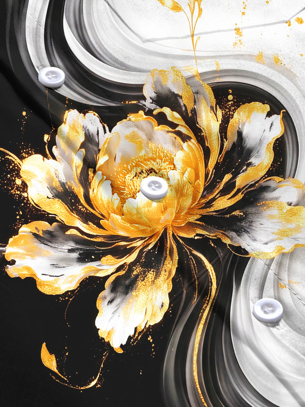 Adaychic Men's Long Sleeve Shirt - Gold Peony Floral With Black And White Swirls Print with Chest Pocket