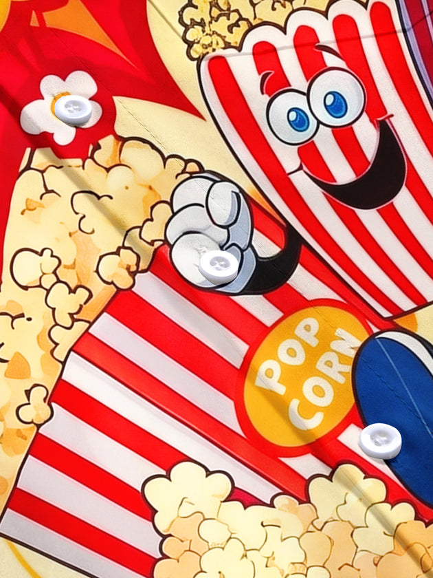 Adaychic Men's Popcorn Cartoon Graphic Print Short Sleeve Button Down Shirt with Chest Pocket