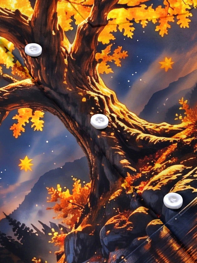 Adaychic Men's Autumn Tree And Starry Night Landscape Print Short Sleeve Shirt with Chest Pocket