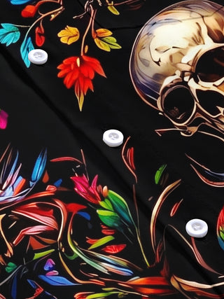 Adaychic Men's Graphic 3D Raven Skull Floral Print Short Sleeve Button Down Shirt with Chest Pocket