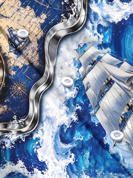 Adaychic Men's Vintage Nautical Map And Compass Print Long Sleeve Shirt with Chest Pocket