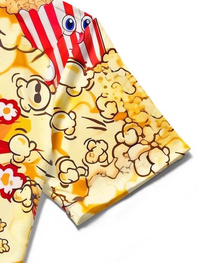 Adaychic Men's Popcorn Cartoon Graphic Print Short Sleeve Button Down Shirt with Chest Pocket
