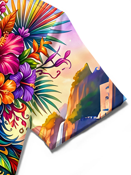 Adaychic Tropical Parrot Landscape Men's Pocket Short Sleeve Shirts