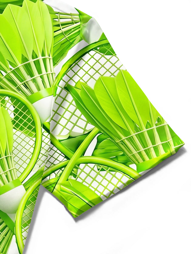 Adaychic Men's Hawaiian Badminton Racket Print Short Sleeve Shirt with Chest Pocket