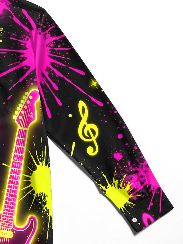 Adaychic Men's Neon Electric Guitar And Music Notes Print Long Sleeve Shirt with Chest Pocket