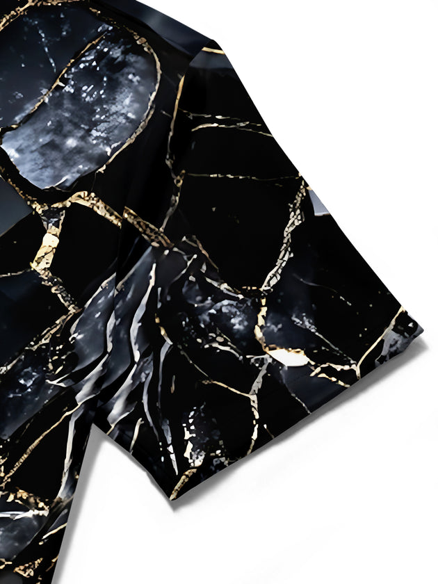 Adaychic Men's Patterned Black Marble Print Short Sleeve Shirt with Chest Pocket