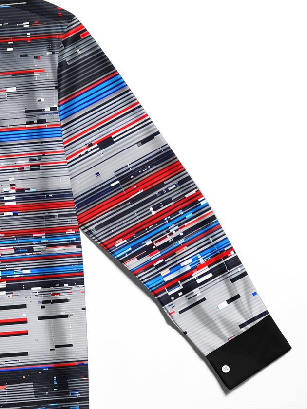 Adaychic Men's Striped Abstract Digital Glitch Lines Print Long Sleeve Shirt with Chest Pocket