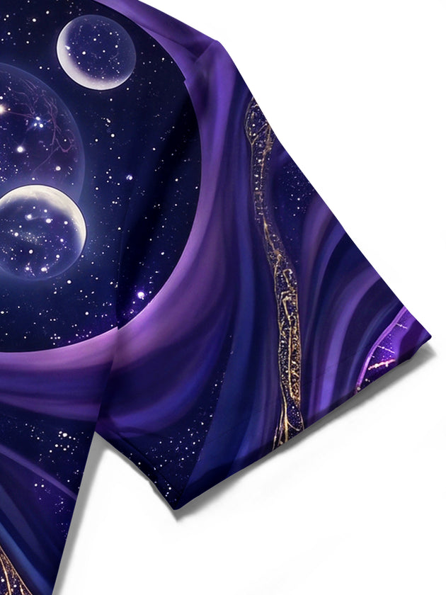 Adaychic Men's Hawaiian Crystal Gems And Space Planets Print Short Sleeve Shirt with Chest Pocket