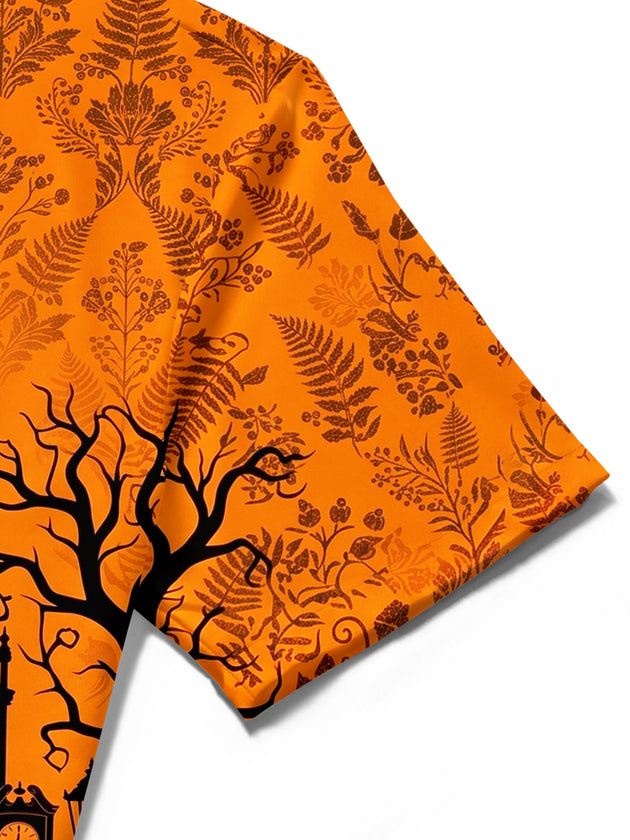 Adaychic Men's Short Sleeve Shirt - Halloween Greenhouse Silhouette With Dead Trees And Blood Moon Print with Chest Pocket