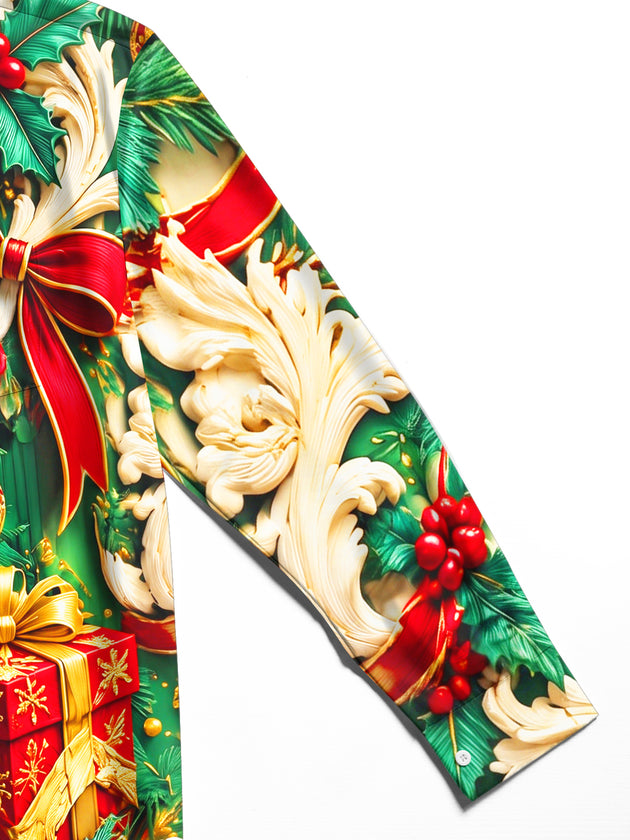 Adaychic Men's Long Sleeve Shirt - Christmas Ornaments Gifts And Baroque Scrollwork Print with Chest Pocket