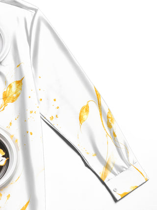 Adaychic Men's Long Sleeve Shirt - Gold Peony Floral With Black And White Swirls Print with Chest Pocket