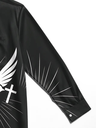 Adaychic Men's Graphic Peace Dove And Cross Print Long Sleeve Shirt with Chest Pocket