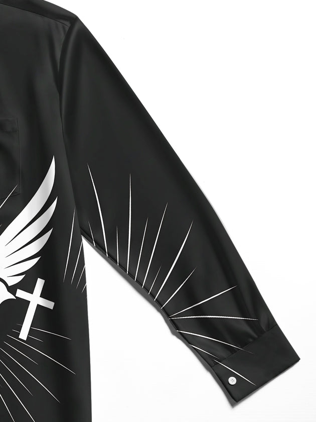 Adaychic Men's Graphic Peace Dove And Cross Print Long Sleeve Shirt with Chest Pocket