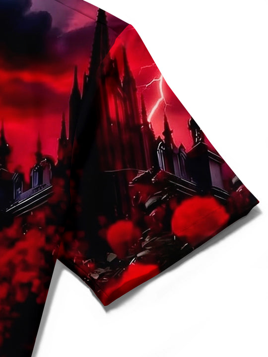 Adaychic Men's Graphic Giant Red Eye Print Dark Castle Print Short Sleeve Shirt with Chest Pocket