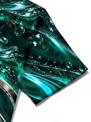 Adaychic Men's Short Sleeve Shirt - Abstract Swirling Liquid And Metallic Rings Print with Chest Pocket