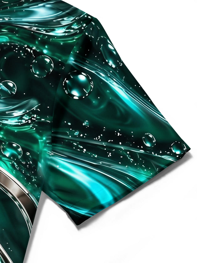 Adaychic Men's Short Sleeve Shirt - Abstract Swirling Liquid And Metallic Rings Print with Chest Pocket