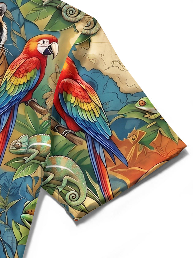 Adaychic Men's Hawaiian Jungle Wildlife Animals Print Short Sleeve Shirt with Chest Pocket