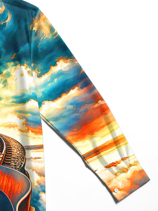 Adaychic Men's Graphic Guitar And Steam Train Print Long Sleeve Shirt with Chest Pocket