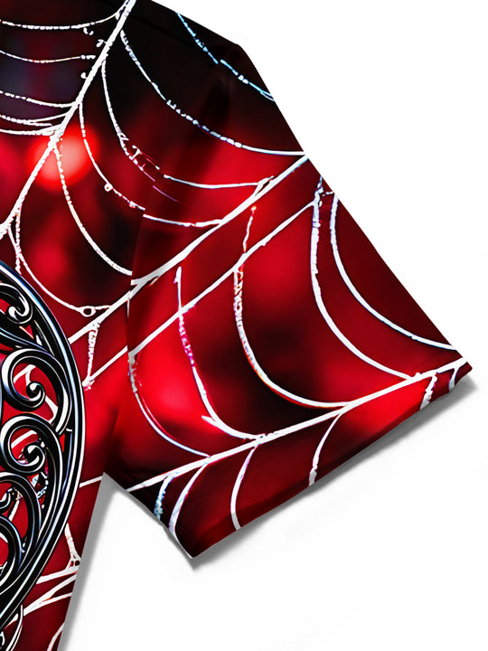 Adaychic Men's Graphic Spider Web Print Red Rose Heart Print Short Sleeve Shirt with Chest Pocket