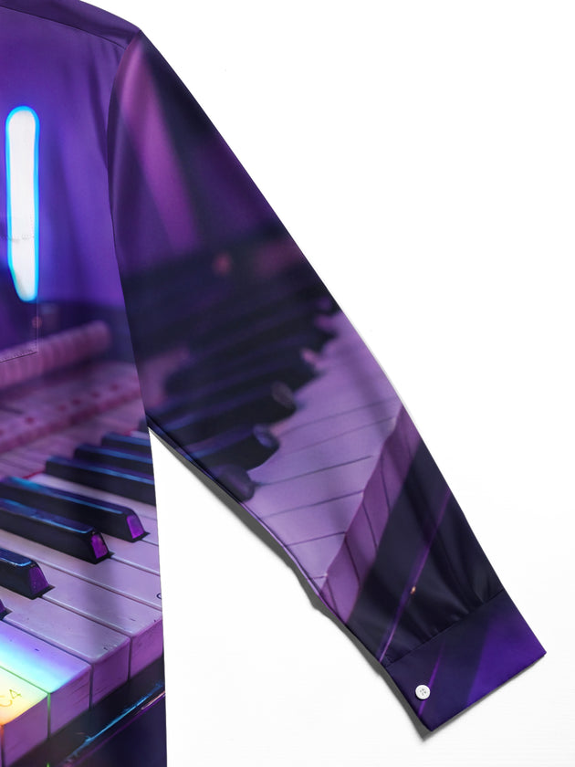 Adaychic Men's Long Sleeve Shirt - Neon Piano Keyboard With Rainbow Light Beam Print with Chest Pocket