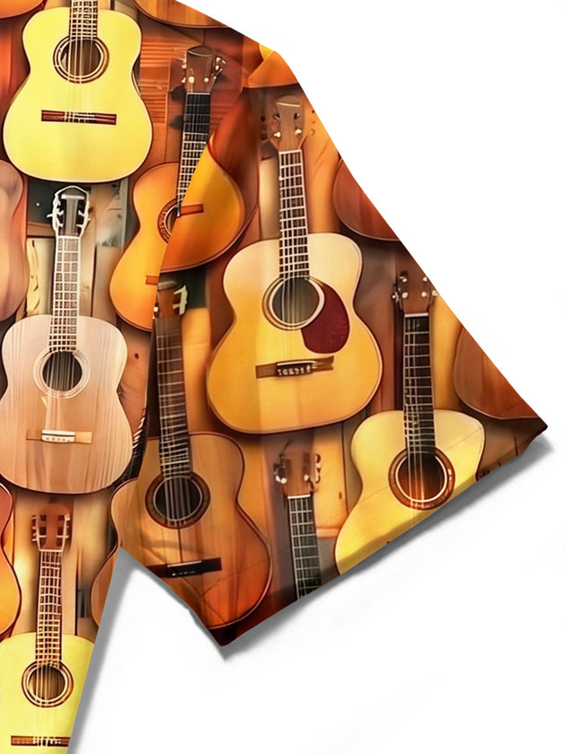 Adaychic Men's Hawaiian Acoustic Guitar Pattern Short Sleeve Shirt with Chest Pocket