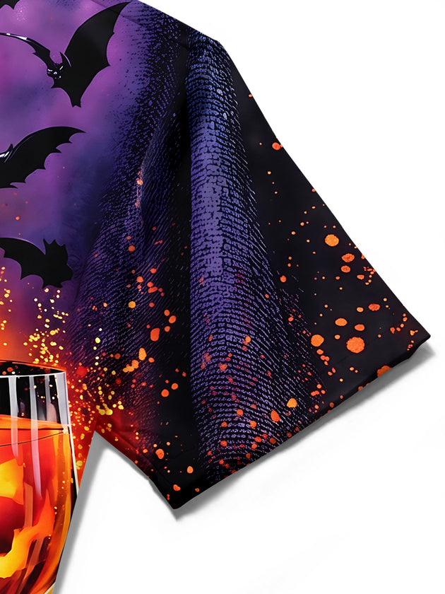 Adaychic Men's Short Sleeve Shirt - Halloween Jack-o-lantern Wine Glasses And Pumpkins Print with Chest Pocket
