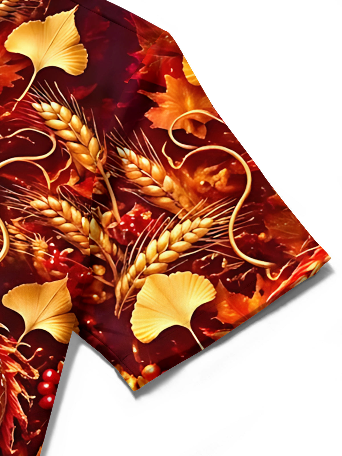 Adaychic Men's Short Sleeve Stand Collar Shirt - Autumn Dragon With Maple Leaves And Wheat Print with Chest Pocket