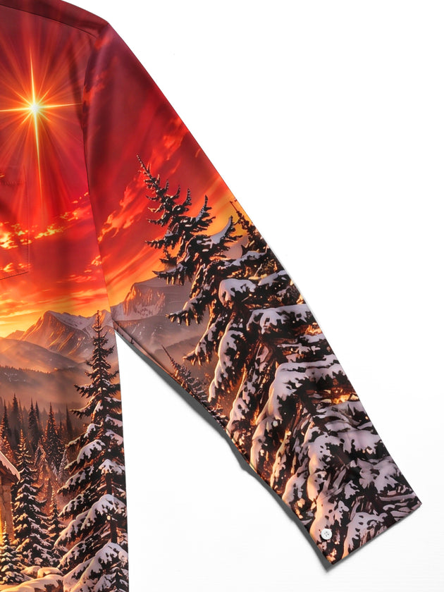 Adaychic Men's Long Sleeve Shirt - Winter Church Landscape With Snow And Mountains Print with Chest Pocket