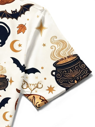Adaychic Men's Halloween Black Cats And Pumpkins Print Short Sleeve Shirt with Chest Pocket