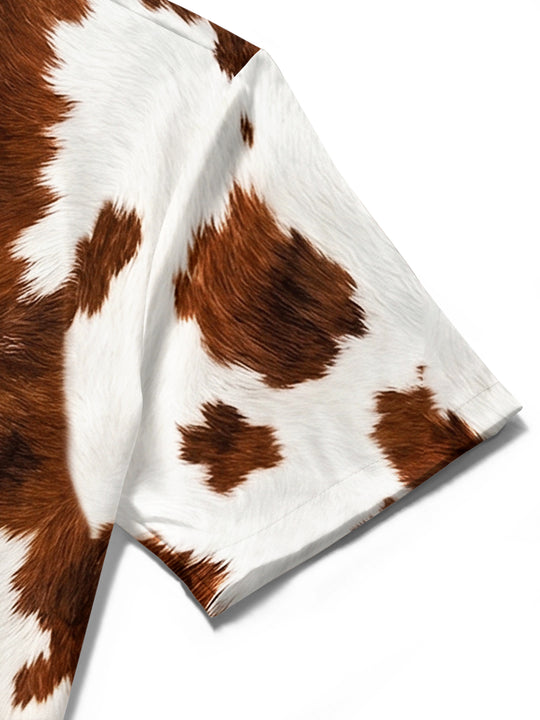 Adaychic Men's Patterned Cow Print Cowhide Pattern Short Sleeve Shirt with Chest Pocket