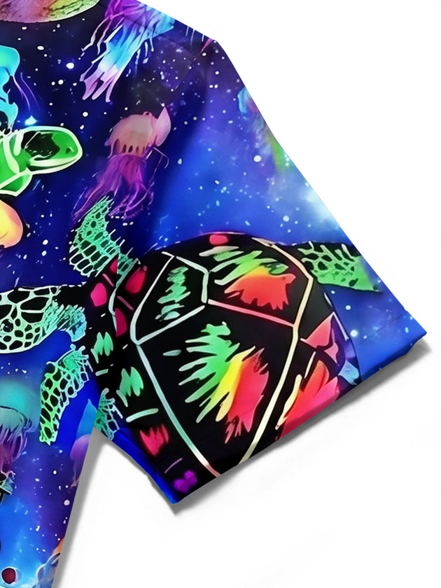 Adaychic Men's Hawaiian Neon Sea Turtles Print Short Sleeve Shirt with Chest Pocket