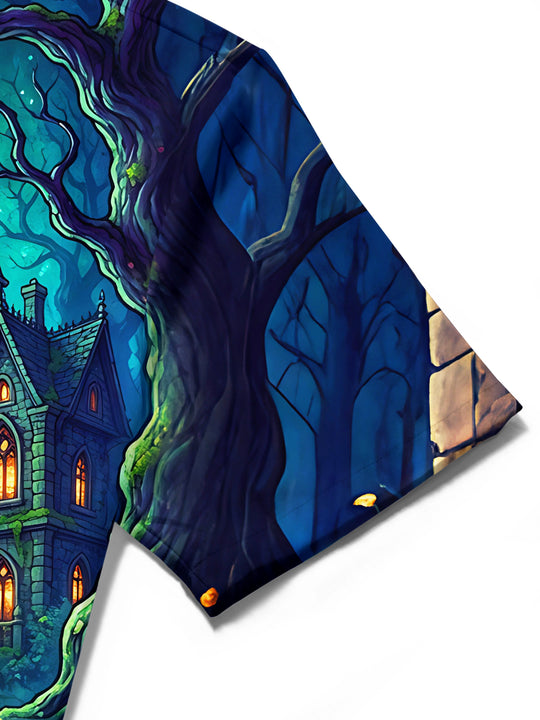 Adaychic Men's Halloween Black Cats And Pumpkins Print Short Sleeve Shirt with Chest Pocket