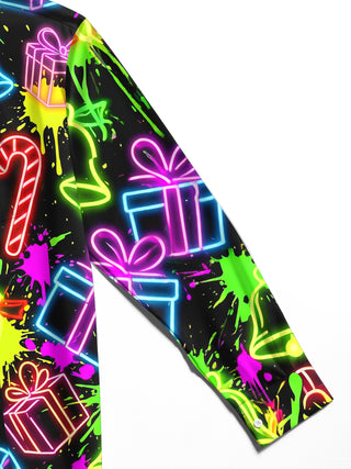 Adaychic Men's Long Sleeve Shirt - Christmas Neon Candy Canes And Gift Boxes Print with Chest Pocket