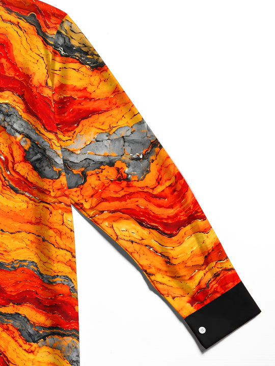 Adaychic Men's Abstract Wavy Lava And Rock Pattern Long Sleeve Shirt with Chest Pocket