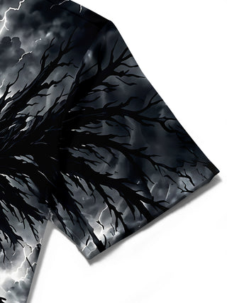 Adaychic Men's Halloween Black Crow And Running Fox Print Short Sleeve Shirt with Chest Pocket