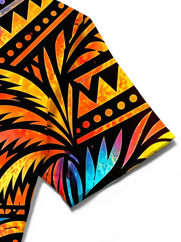 Adaychic Men's Geometric Sunset And Palm Trees Print Short Sleeve Shirt with Chest Pocket