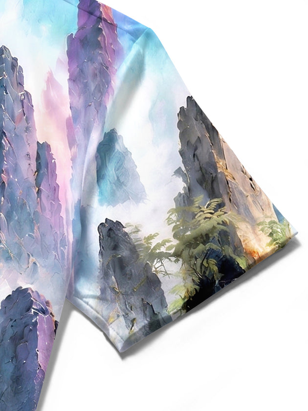 Adaychic Men's Mountain Landscape With Pine Trees Print Short Sleeve Shirt with Chest Pocket