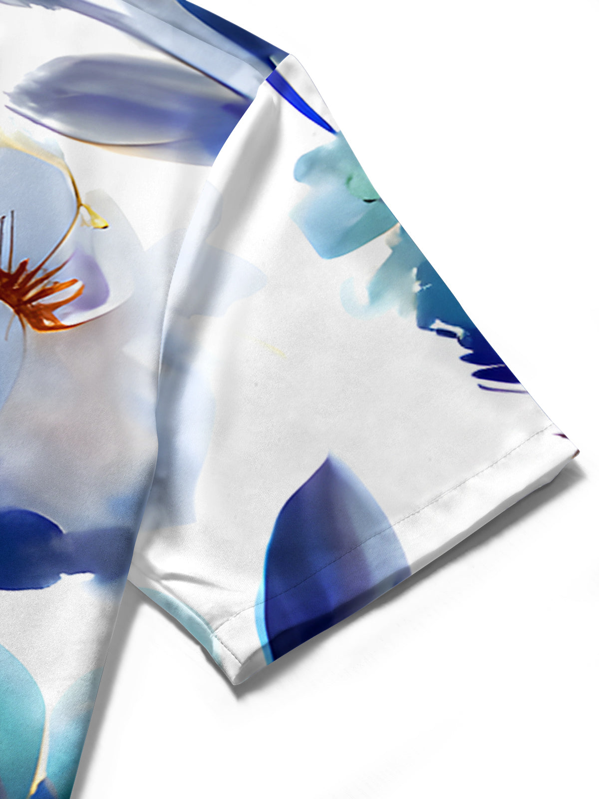 Women's floral short sleeve shirt close-up detail showing fine stitching and fabric texture