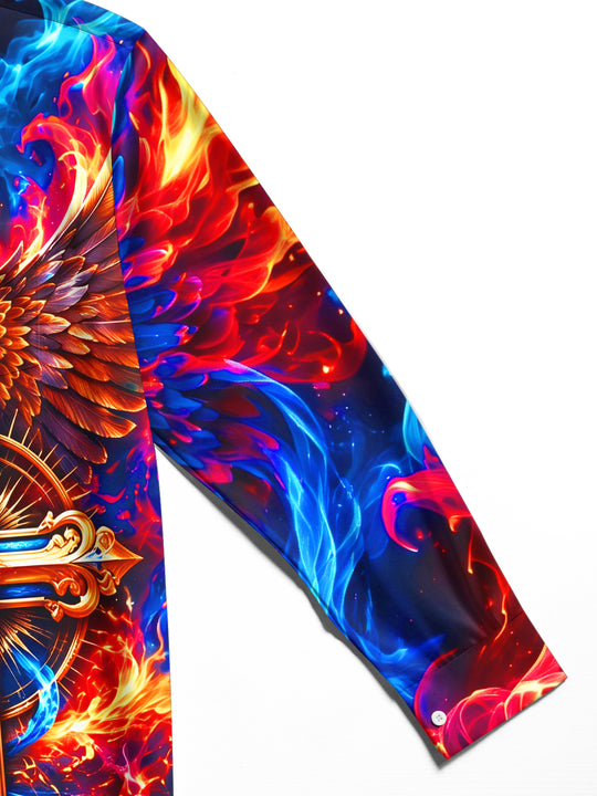 Adaychic Men's Graphic Flaming Eagle And Holy Cross Print Long Sleeve Shirt with Chest Pocket