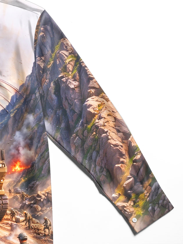 Adaychic Men's Long Sleeve Shirt - Military Combat Scene With Armored Vehicle And Soldiers Print with Chest Pocket