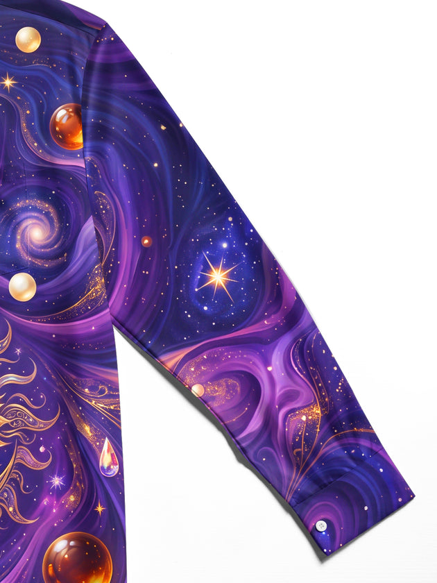 Adaychic Men's Graphic Sun Moon Cosmic Vortex Print Long Sleeve Shirt with Chest Pocket