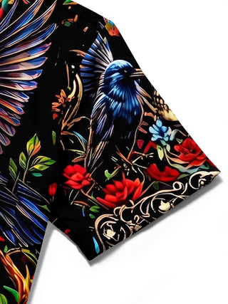 Adaychic Men's Graphic 3D Raven Skull Floral Print Short Sleeve Button Down Shirt with Chest Pocket