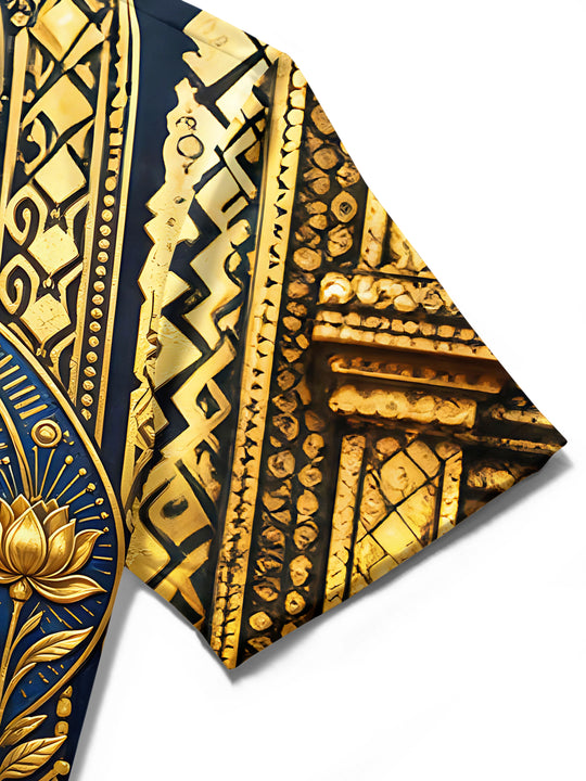 Adaychic Men's Graphic Floral Egyptian Cat Pharaoh Print Short Sleeve Button Down Shirt with Chest Pocket