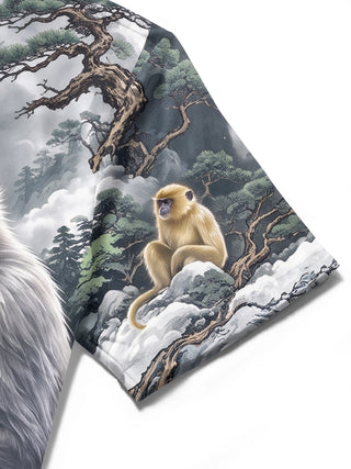 Adaychic Men's Hawaiian Monkeys In Mountain Landscape Print Short Sleeve Shirt with Chest Pocket