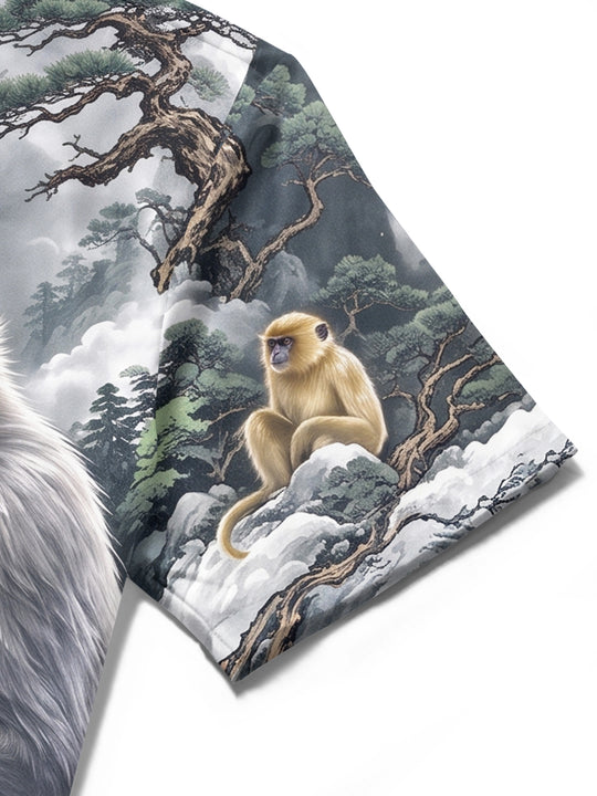 Adaychic Men's Hawaiian Monkeys In Mountain Landscape Print Short Sleeve Shirt with Chest Pocket
