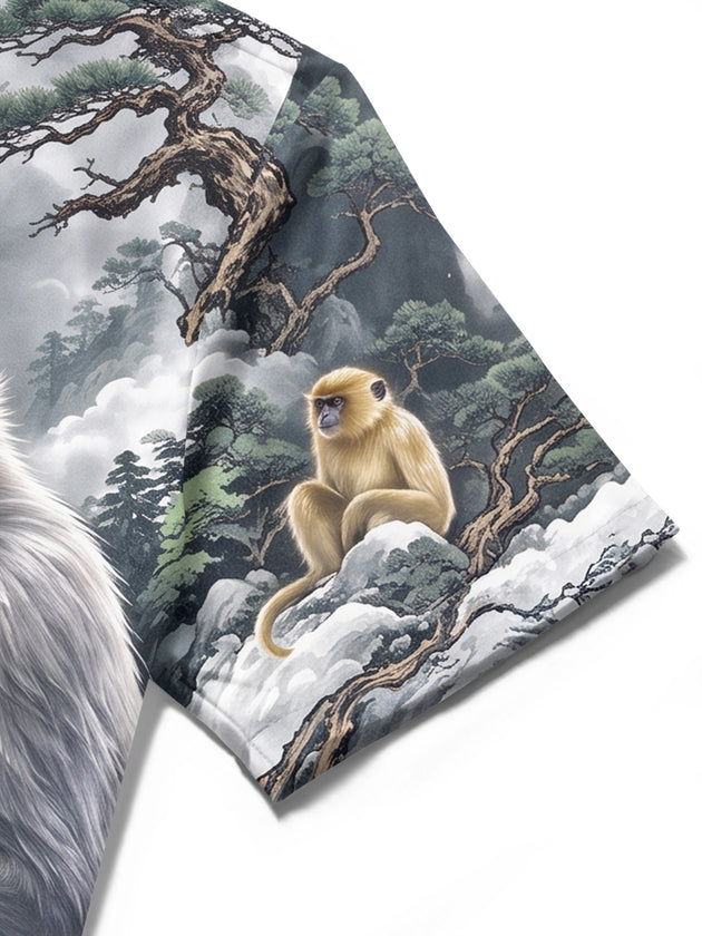 Adaychic Men's Hawaiian Monkeys In Mountain Landscape Print Short Sleeve Shirt with Chest Pocket