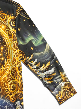 Adaychic Men's Graphic Golden Crowned Deer And Bonfire Print Long Sleeve Shirt with Chest Pocket